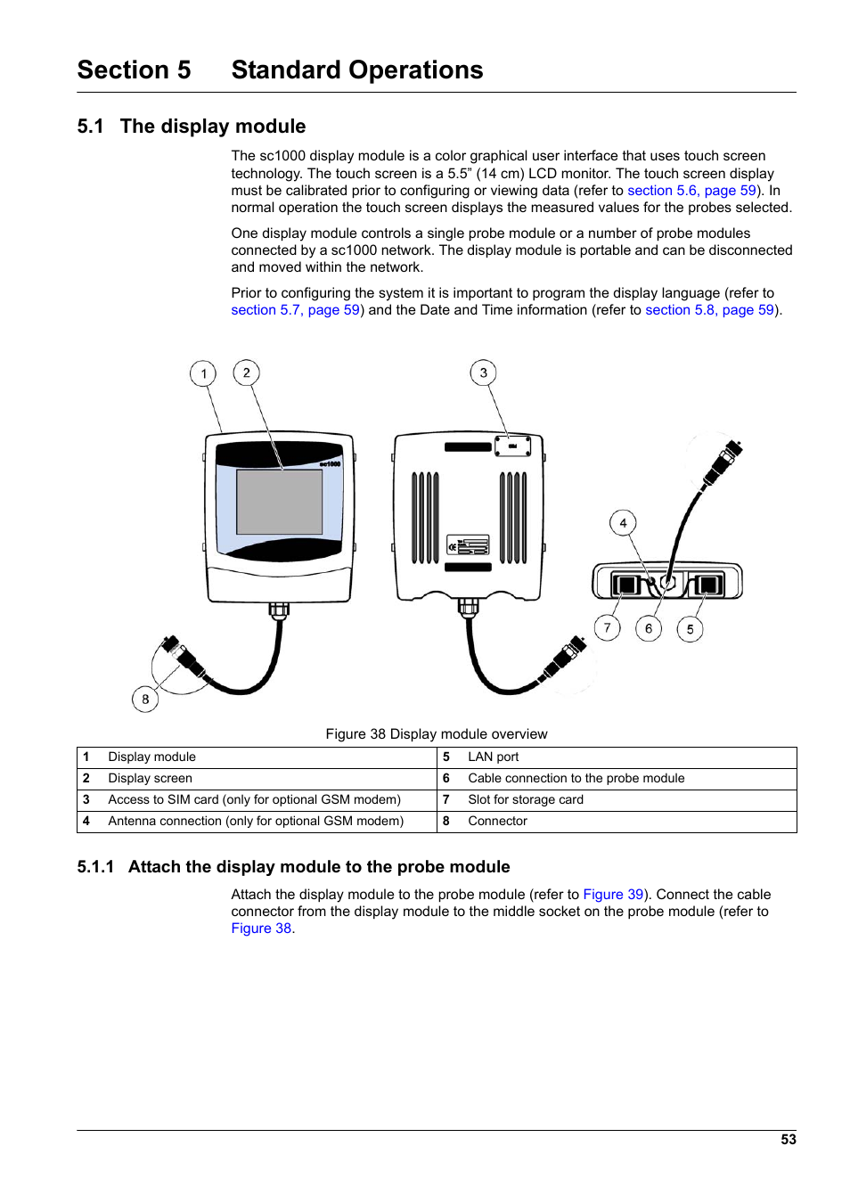 Section 5 standard operations, 1 the display module, 1 attach the display module to the probe module | Hach-Lange SC 1000 User Manual | Page 55 / 152