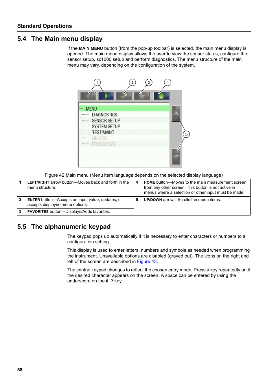 4 the main menu display, 5 the alphanumeric keypad, Standard operations | Hach-Lange SC 1000 User Manual | Page 60 / 152