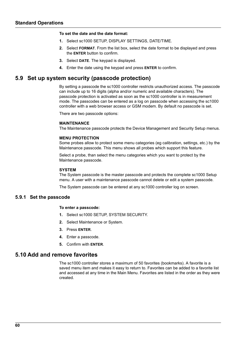 9 set up system security (passcode protection), 1 set the passcode, 10 add and remove favorites | Standard operations | Hach-Lange SC 1000 User Manual | Page 62 / 152