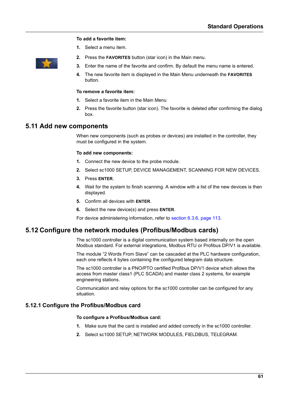 11 add new components, 1 configure the profibus/modbus card, Standard operations | Hach-Lange SC 1000 User Manual | Page 63 / 152