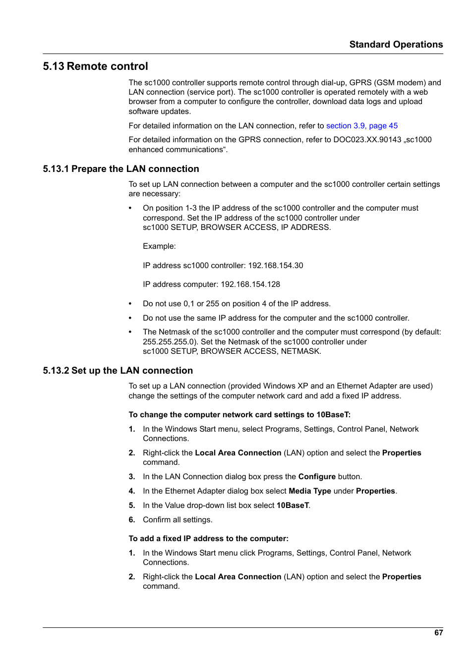 13 remote control, 1 prepare the lan connection, 2 set up the lan connection | Standard operations | Hach-Lange SC 1000 User Manual | Page 69 / 152