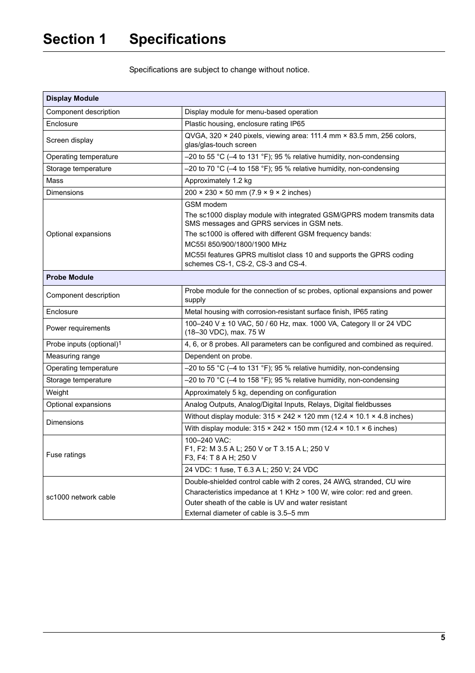 Section 1 specifications | Hach-Lange SC 1000 User Manual | Page 7 / 152