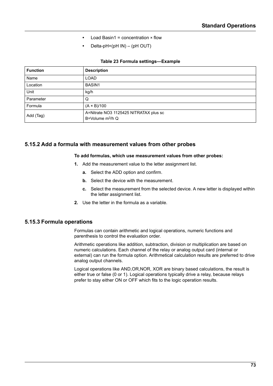 3 formula operations, Table 23, Standard operations | Hach-Lange SC 1000 User Manual | Page 75 / 152