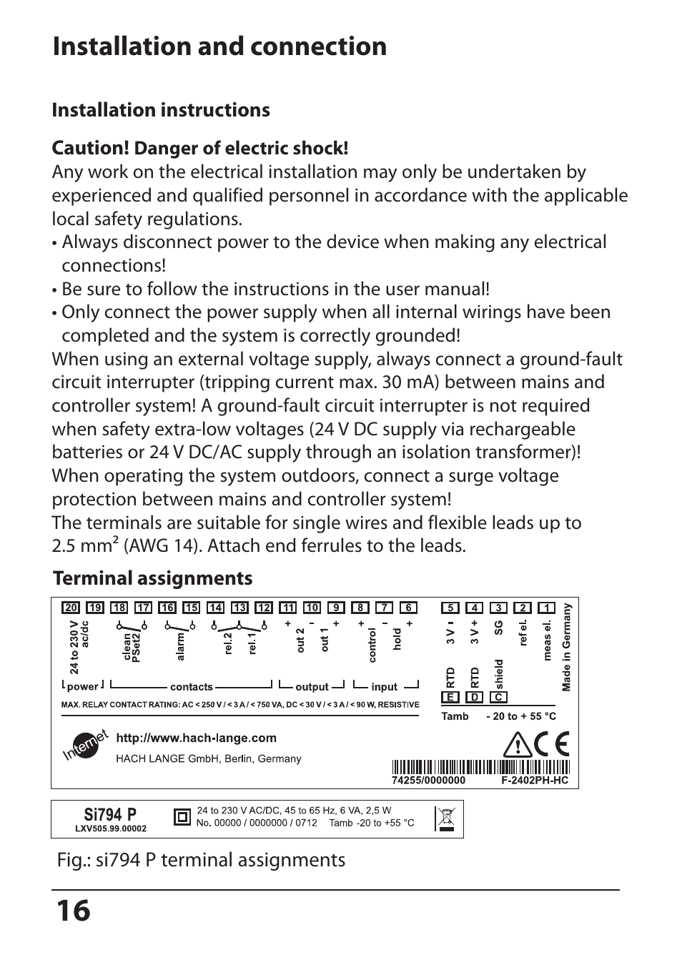 Installation and connection | Hach-Lange SI794 P User Manual User Manual | Page 16 / 128