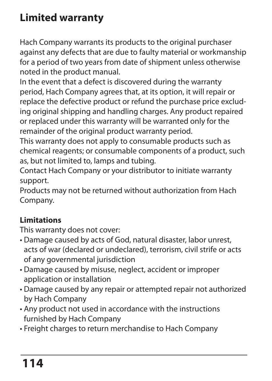 Limited warranty | Hach-Lange SI794 C User Manual User Manual | Page 114 / 124