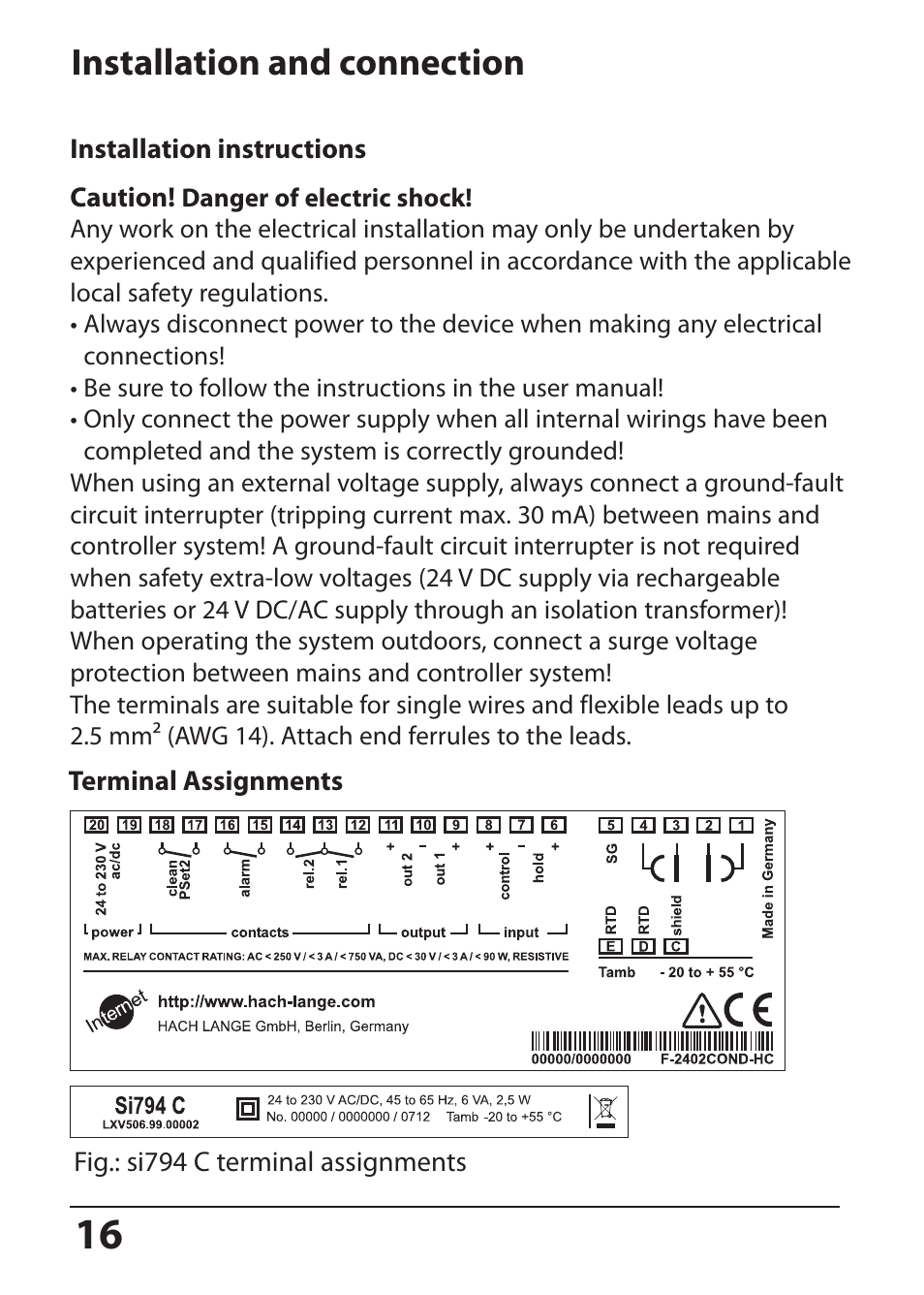 Installation and connection, Terminal assignments | Hach-Lange SI794 C User Manual User Manual | Page 16 / 124