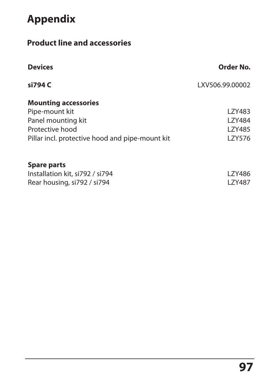 Product line and accessories, Appendix | Hach-Lange SI794 C User Manual User Manual | Page 97 / 124