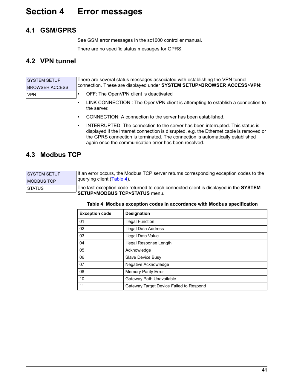 Section 4 error messages, 1 gsm/gprs, 2 vpn tunnel | 3 modbus tcp, 1 gsm/gprs 4.2 vpn tunnel 4.3 modbus tcp, Er also to | Hach-Lange SC 1000 Controller Enhanced Communications User Manual | Page 41 / 50