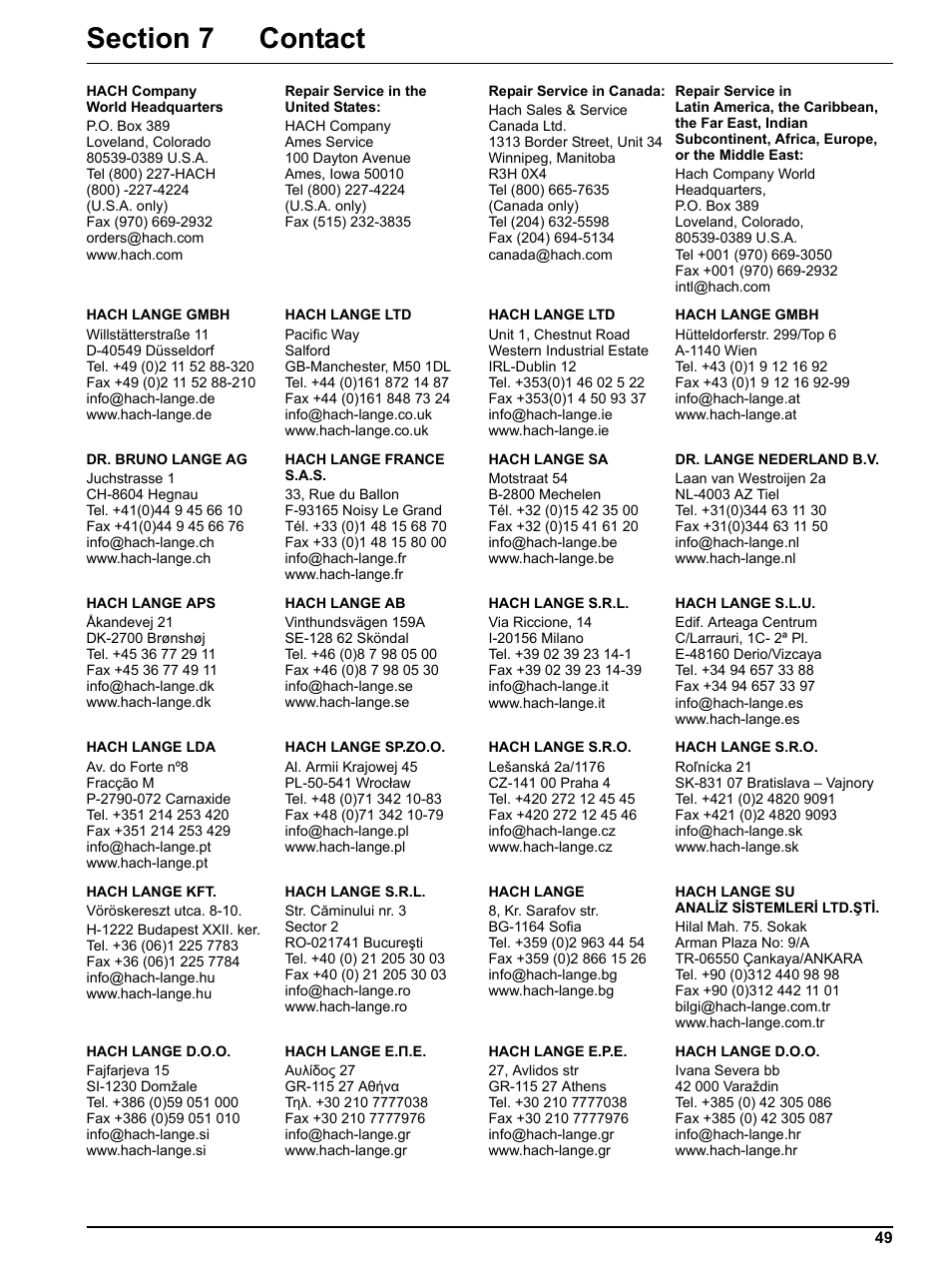 Section 7 contact | Hach-Lange SC 1000 Controller Enhanced Communications User Manual | Page 49 / 50