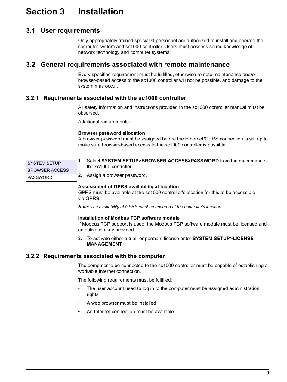 Section 3 installation, 1 user requirements, 2 requirements associated with the computer | Hach-Lange SC 1000 Controller Enhanced Communications User Manual | Page 9 / 50