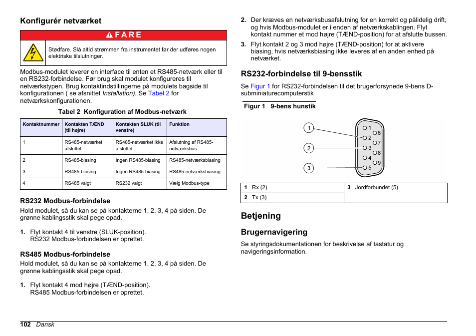 Konfigurér netværket, Rs232 modbus-forbindelse, Rs485 modbus-forbindelse | Rs232-forbindelse til 9-bensstik, Betjening, Brugernavigering | Hach-Lange SC 200 Modbus Module User Manual User Manual | Page 102 / 312