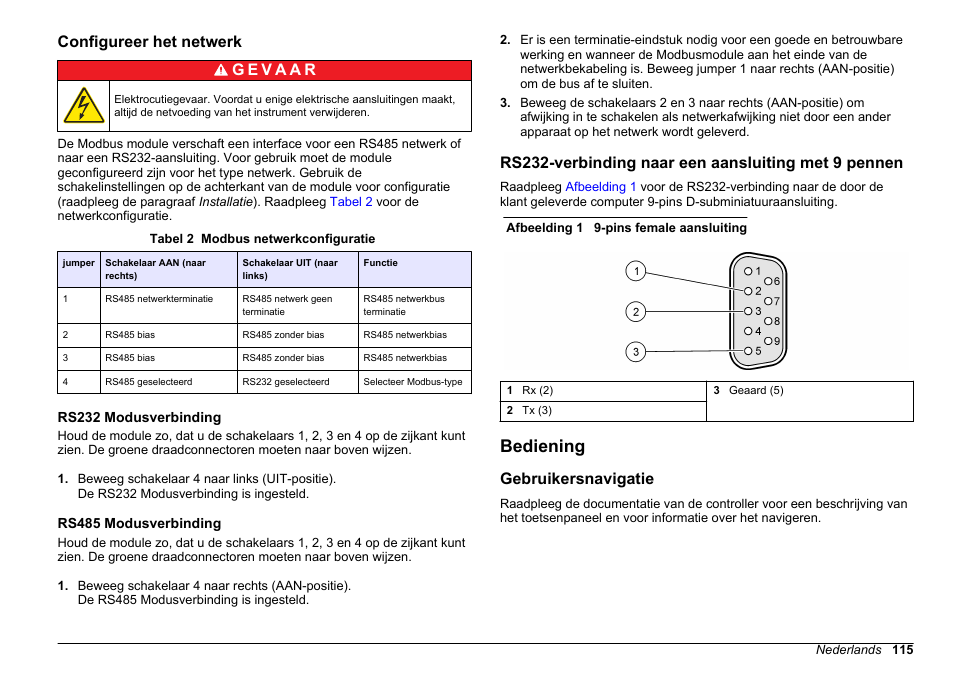 Configureer het netwerk, Rs232 modusverbinding, Rs485 modusverbinding | Rs232-verbinding naar een aansluiting met 9 pennen, Bediening, Gebruikersnavigatie | Hach-Lange SC 200 Modbus Module User Manual User Manual | Page 115 / 312