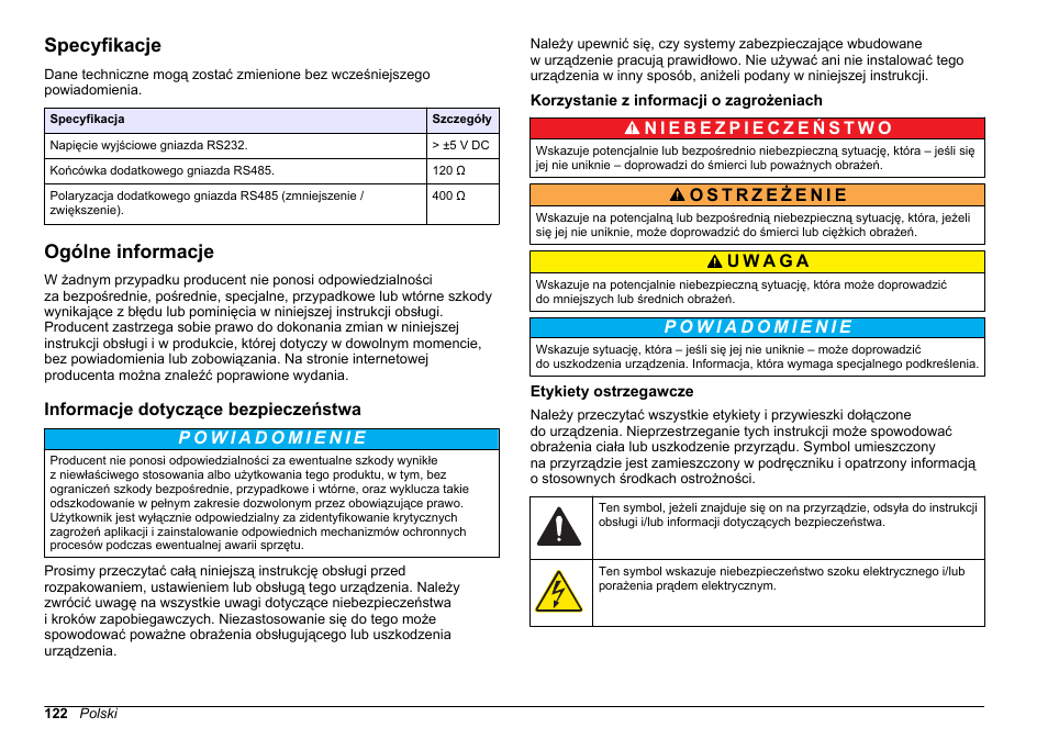 Podręcznik użytkownika, Specyfikacje, Ogólne informacje | Informacje dotyczące bezpieczeństwa, Korzystanie z informacji o zagrożeniach, Etykiety ostrzegawcze, Polski | Hach-Lange SC 200 Modbus Module User Manual User Manual | Page 122 / 312