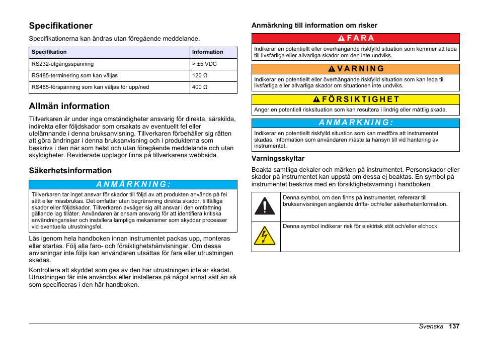 Bruksanvisning, Specifikationer, Allmän information | Säkerhetsinformation, Anmärkning till information om risker, Varningsskyltar, Svenska | Hach-Lange SC 200 Modbus Module User Manual User Manual | Page 137 / 312