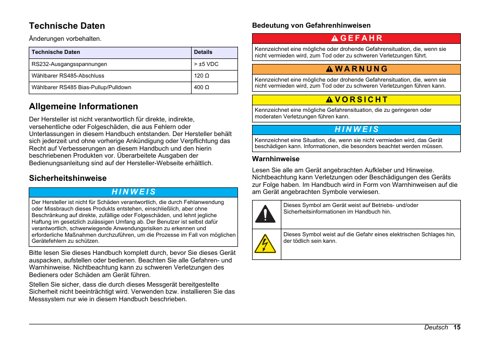 Bedienungsanleitung, Technische daten, Allgemeine informationen | Sicherheitshinweise, Bedeutung von gefahrenhinweisen, Warnhinweise, Deutsch | Hach-Lange SC 200 Modbus Module User Manual User Manual | Page 15 / 312