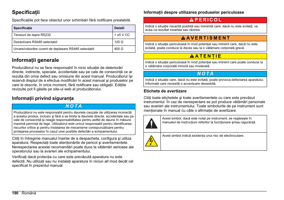 Manual de utilizare, Specificaţii, Informaţii generale | Informaţii privind siguranţa, Etichete de avertizare, Română | Hach-Lange SC 200 Modbus Module User Manual User Manual | Page 190 / 312