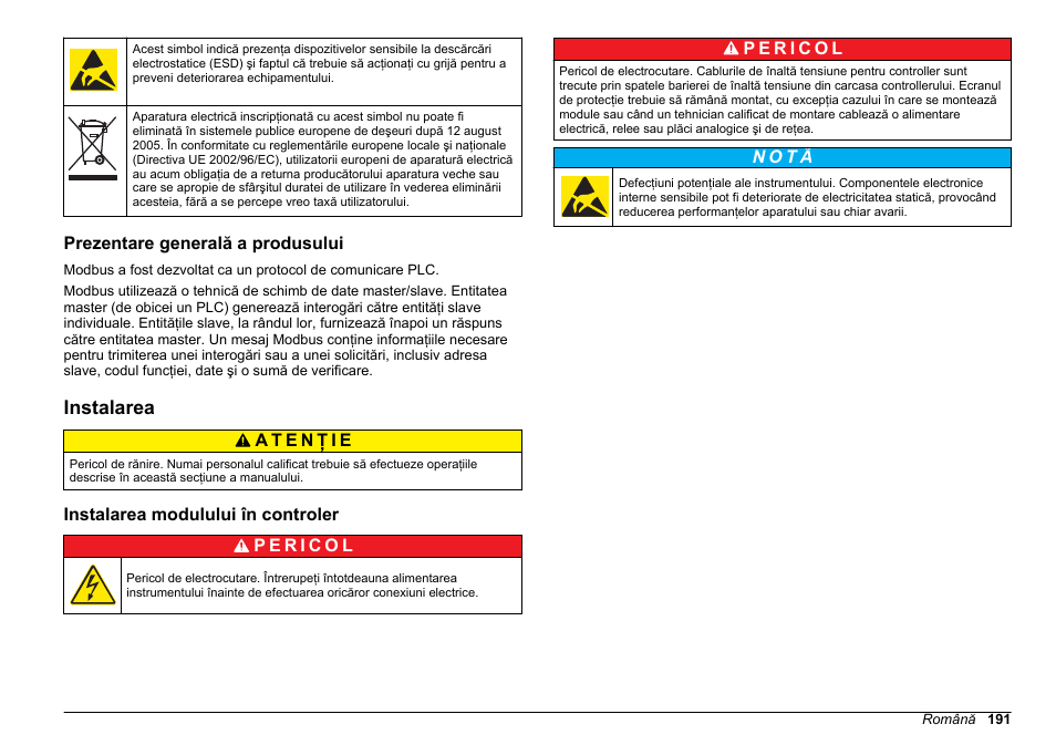 Prezentare generală a produsului, Instalarea, Instalarea modulului în controler | Hach-Lange SC 200 Modbus Module User Manual User Manual | Page 191 / 312