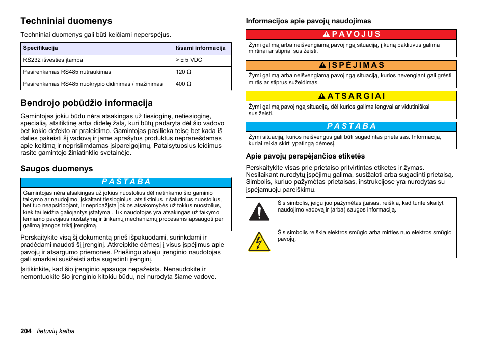 Naudotojo vadovas, Techniniai duomenys, Bendrojo pobūdžio informacija | Saugos duomenys, Informacijos apie pavojų naudojimas, Apie pavojų perspėjančios etiketės, Lietuvių kalba | Hach-Lange SC 200 Modbus Module User Manual User Manual | Page 204 / 312