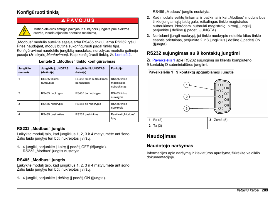 Konfigūruoti tinklą, Rs232 „modbus“ jungtis, Rs485 „modbus“ jungtis | Rs232 sujungimas su 9 kontaktų jungtimi, Naudojimas, Naudotojo naršymas | Hach-Lange SC 200 Modbus Module User Manual User Manual | Page 209 / 312