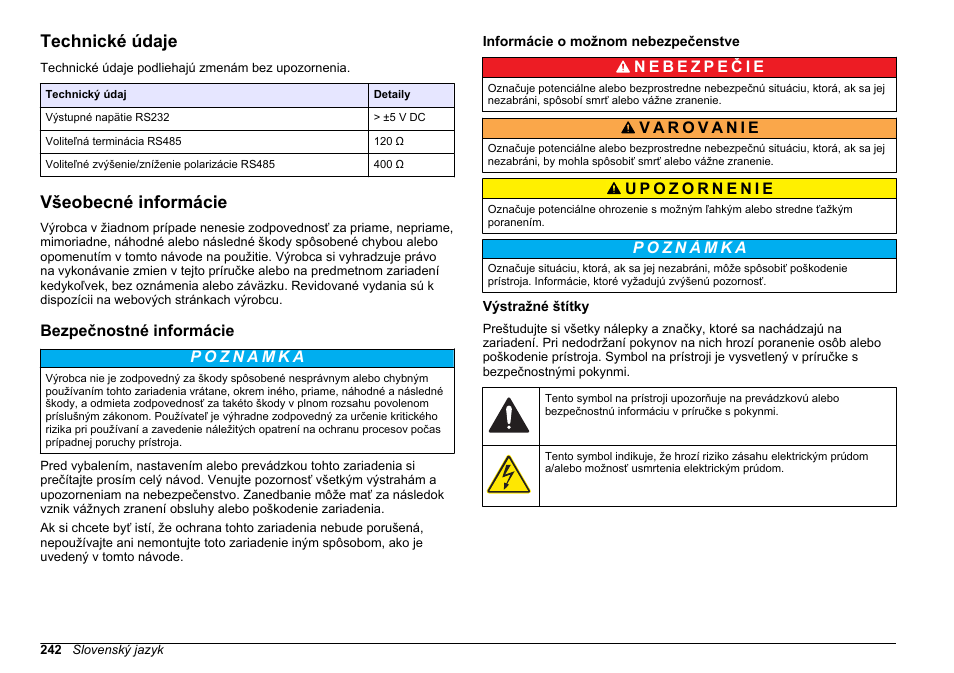 Návod na obsluhu, Technické údaje, Všeobecné informácie | Bezpečnostné informácie, Informácie o možnom nebezpečenstve, Výstražné štítky, Slovenský jazyk | Hach-Lange SC 200 Modbus Module User Manual User Manual | Page 242 / 312