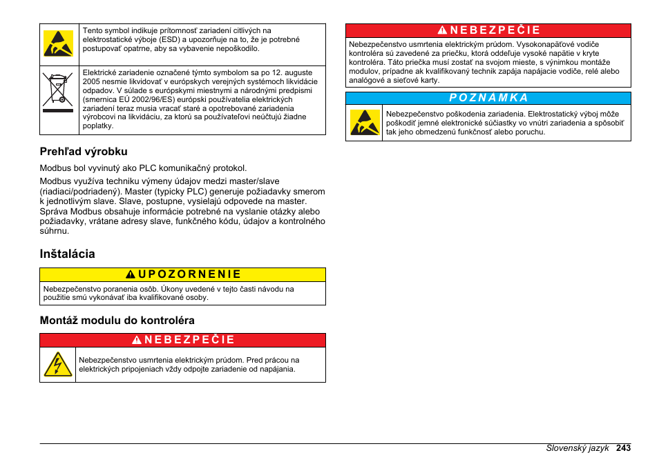 Prehľad výrobku, Inštalácia, Montáž modulu do kontroléra | Hach-Lange SC 200 Modbus Module User Manual User Manual | Page 243 / 312