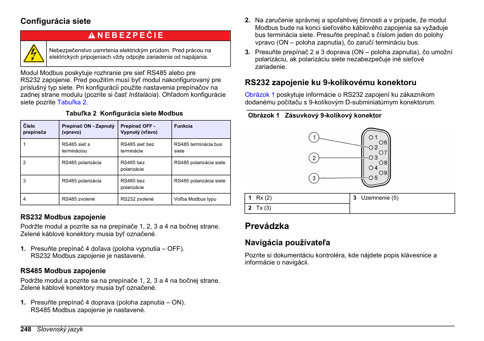 Configurácia siete, Rs232 modbus zapojenie, Rs485 modbus zapojenie | Rs232 zapojenie ku 9-kolíkovému konektoru, Prevádzka, Navigácia používateľa | Hach-Lange SC 200 Modbus Module User Manual User Manual | Page 248 / 312