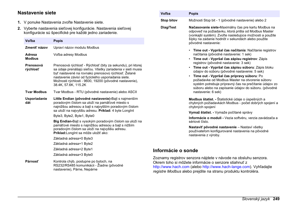 Nastavenie siete, Informácie o sonde | Hach-Lange SC 200 Modbus Module User Manual User Manual | Page 249 / 312