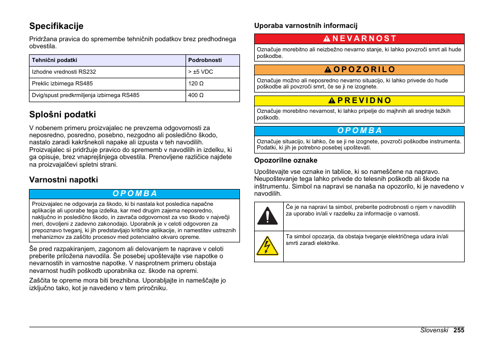 Navodila za uporabo, Specifikacije, Splošni podatki | Varnostni napotki, Uporaba varnostnih informacij, Opozorilne oznake, Slovenski | Hach-Lange SC 200 Modbus Module User Manual User Manual | Page 255 / 312