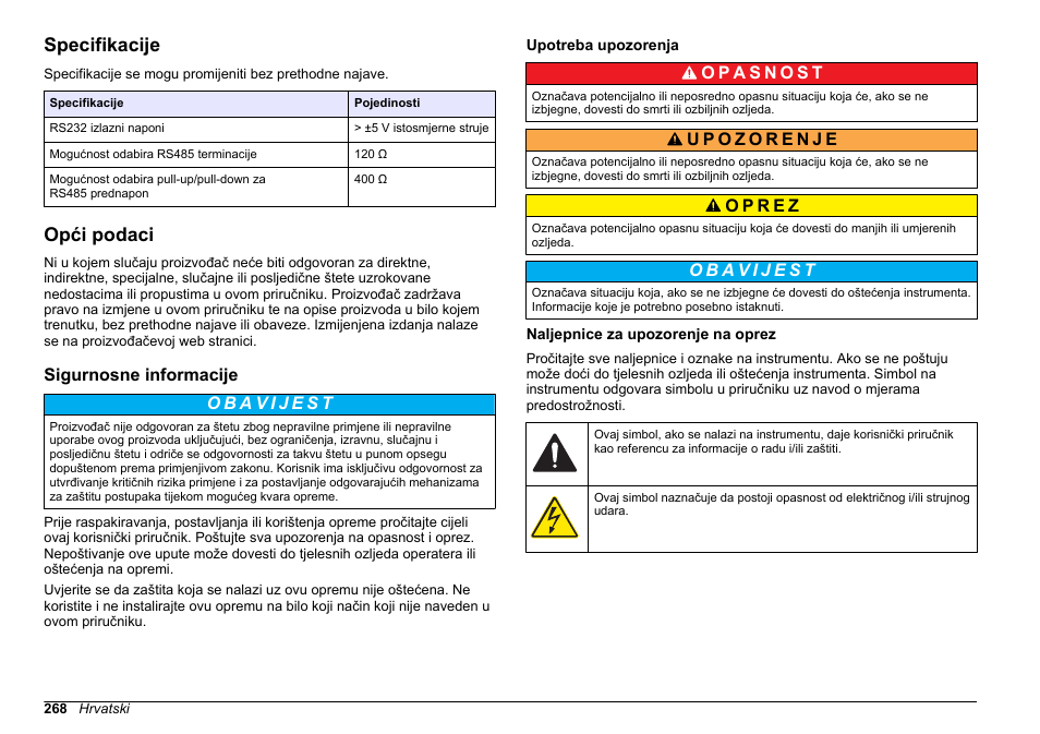 Korisnički priručnik, Specifikacije, Opći podaci | Sigurnosne informacije, Upotreba upozorenja, Naljepnice za upozorenje na oprez, Hrvatski | Hach-Lange SC 200 Modbus Module User Manual User Manual | Page 268 / 312