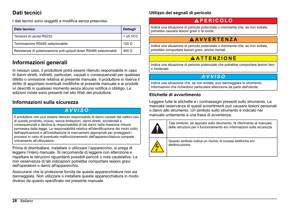 Manuale d'uso, Dati tecnici, Informazioni generali | Informazioni sulla sicurezza, Utilizzo dei segnali di pericolo, Etichette di avvertimento, Italiano | Hach-Lange SC 200 Modbus Module User Manual User Manual | Page 28 / 312