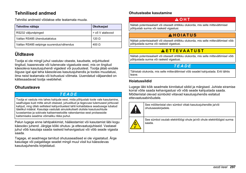 Kasutusjuhend, Tehnilised andmed, Üldteave | Ohutusteave, Ohutusteabe kasutamine, Hoiatussildid, Eesti keel | Hach-Lange SC 200 Modbus Module User Manual User Manual | Page 297 / 312