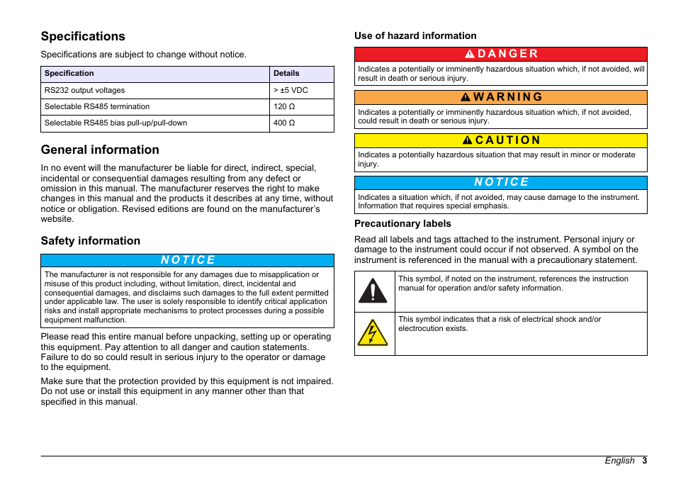 User manual, Specifications, General information | Safety information, Use of hazard information, Precautionary labels, English | Hach-Lange SC 200 Modbus Module User Manual User Manual | Page 3 / 312