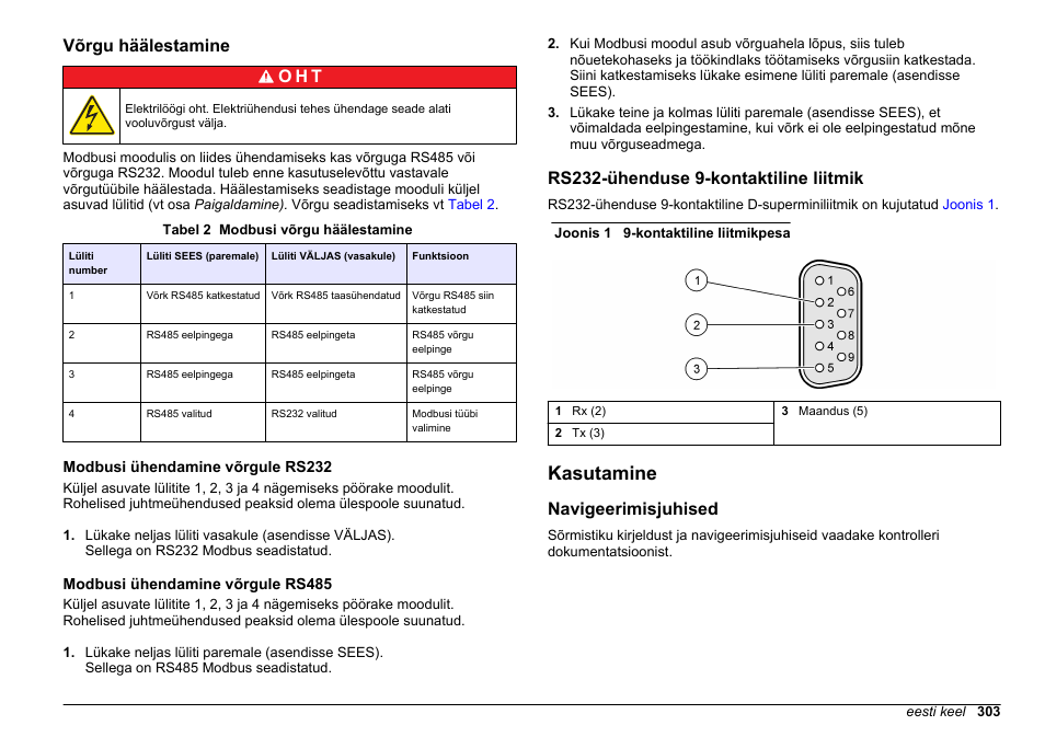 Võrgu häälestamine, Modbusi ühendamine võrgule rs232, Modbusi ühendamine võrgule rs485 | Rs232-ühenduse 9-kontaktiline liitmik, Kasutamine, Navigeerimisjuhised, Võrgu häälestamine o h t | Hach-Lange SC 200 Modbus Module User Manual User Manual | Page 303 / 312
