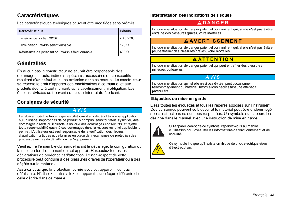 Manuel d'utilisation, Caractéristiques, Généralités | Consignes de sécurité, Interprétation des indications de risques, Etiquettes de mise en garde, Français | Hach-Lange SC 200 Modbus Module User Manual User Manual | Page 41 / 312