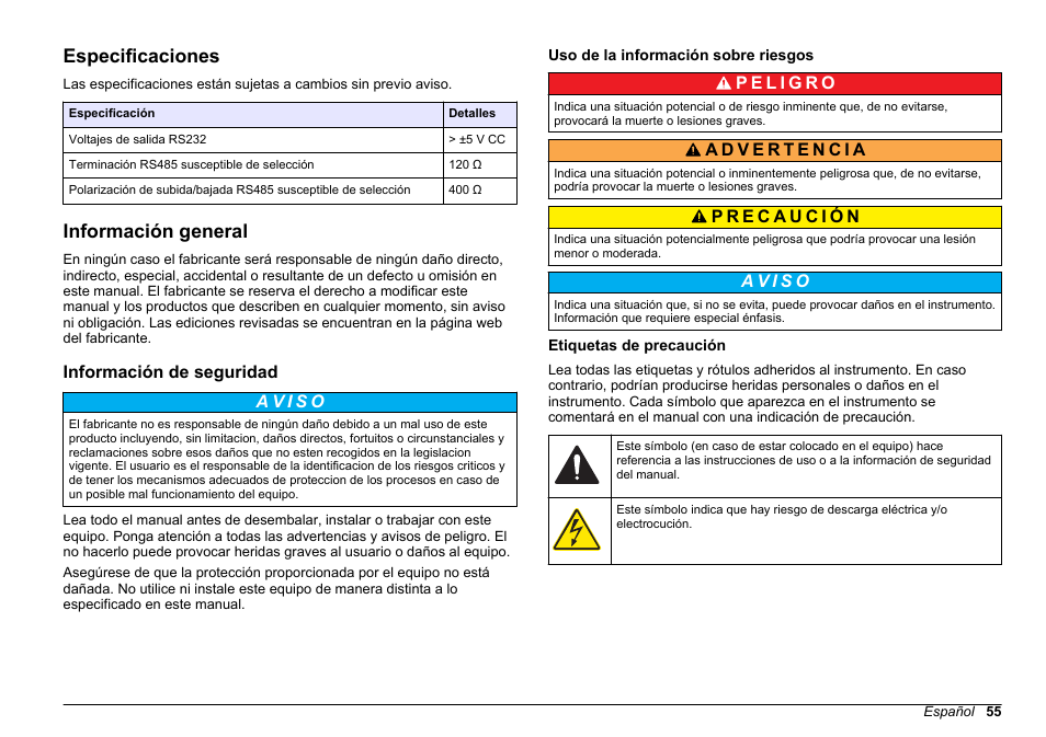 Manual del usuario, Especificaciones, Información general | Información de seguridad, Uso de la información sobre riesgos, Etiquetas de precaución, Español | Hach-Lange SC 200 Modbus Module User Manual User Manual | Page 55 / 312