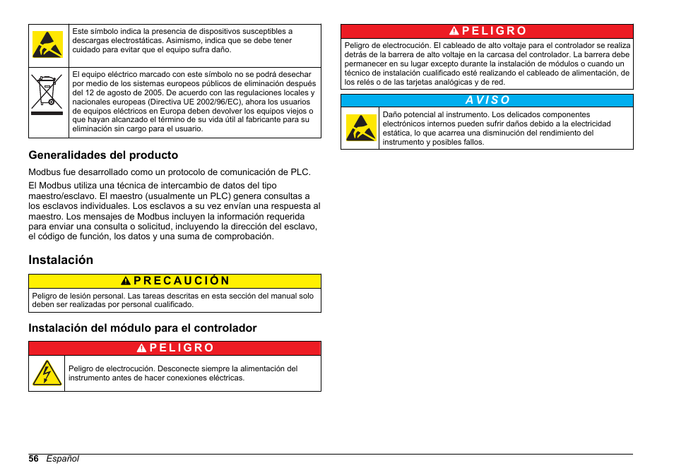 Generalidades del producto, Instalación, Instalación del módulo para el controlador | Hach-Lange SC 200 Modbus Module User Manual User Manual | Page 56 / 312