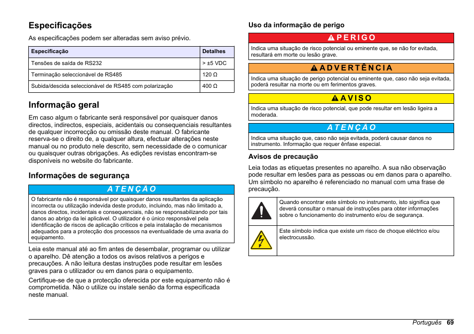 Manual do utilizador, Especificações, Informação geral | Informações de segurança, Uso da informação de perigo, Avisos de precaução, Português | Hach-Lange SC 200 Modbus Module User Manual User Manual | Page 69 / 312