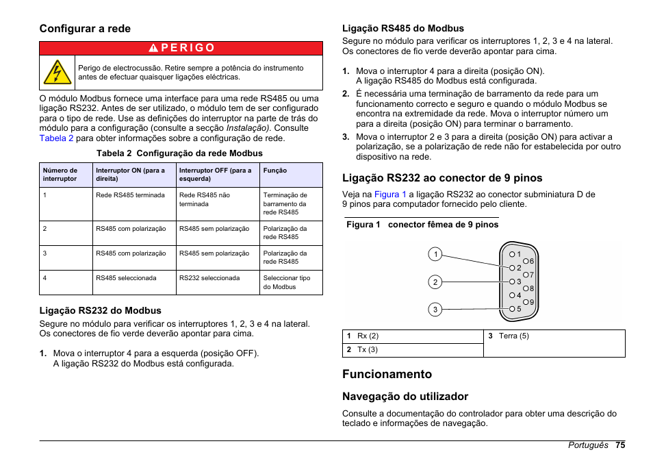 Configurar a rede, Ligação rs232 do modbus, Ligação rs485 do modbus | Ligação rs232 ao conector de 9 pinos, Funcionamento, Navegação do utilizador | Hach-Lange SC 200 Modbus Module User Manual User Manual | Page 75 / 312