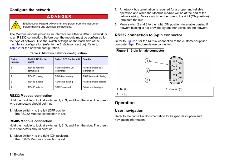 Configure the network, Rs232 modbus connection, Rs485 modbus connection | Rs232 connection to 9-pin connector, Operation, User navigation | Hach-Lange SC 200 Modbus Module User Manual User Manual | Page 8 / 312