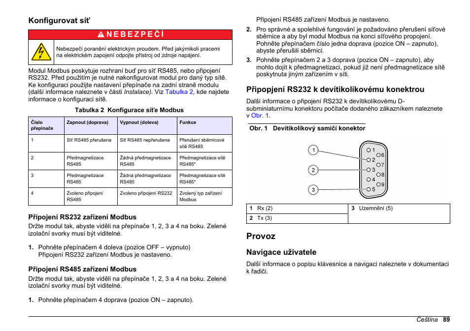 Konfigurovat síť, Připojení rs232 zařízení modbus, Připojení rs485 zařízení modbus | Připopjení rs232 k devítikolíkovému konektrou, Provoz, Navigace uživatele | Hach-Lange SC 200 Modbus Module User Manual User Manual | Page 89 / 312