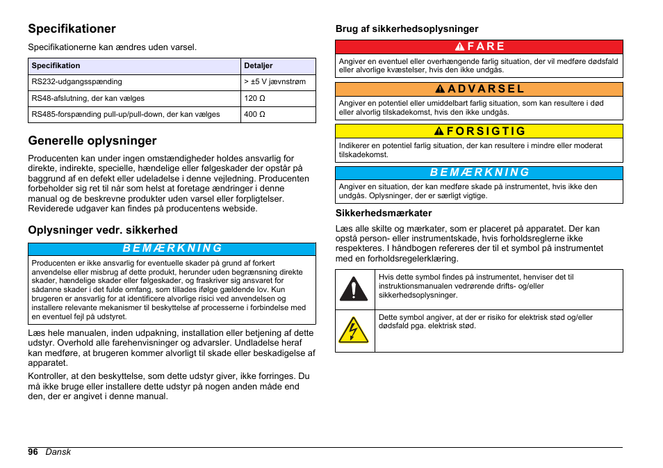 Brugervejledning, Specifikationer, Generelle oplysninger | Oplysninger vedr. sikkerhed, Brug af sikkerhedsoplysninger, Sikkerhedsmærkater, Dansk | Hach-Lange SC 200 Modbus Module User Manual User Manual | Page 96 / 312