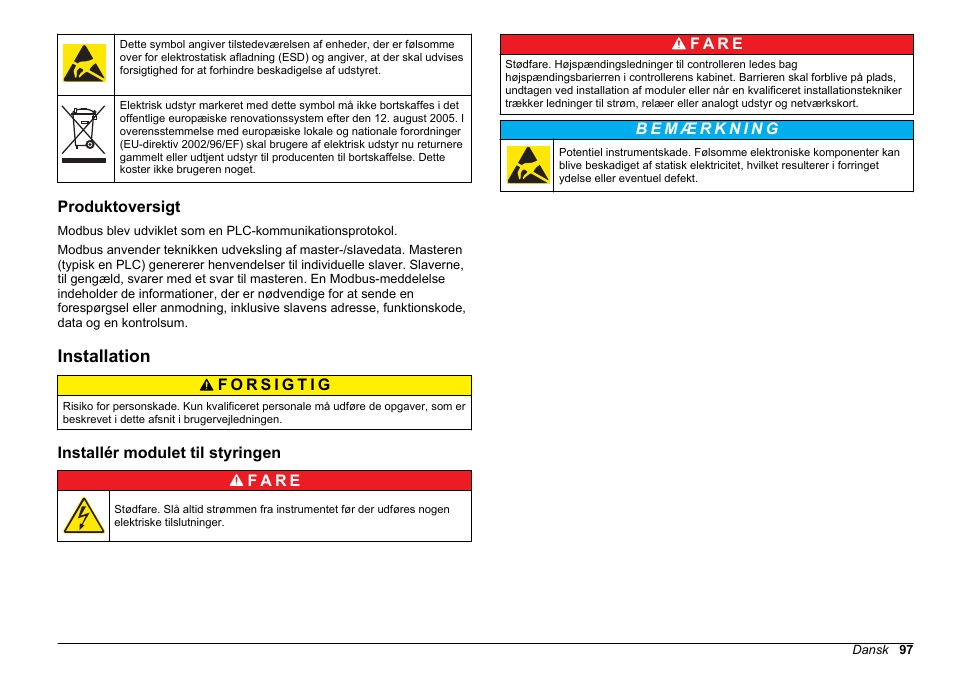 Produktoversigt, Installation, Installér modulet til styringen | Hach-Lange SC 200 Modbus Module User Manual User Manual | Page 97 / 312