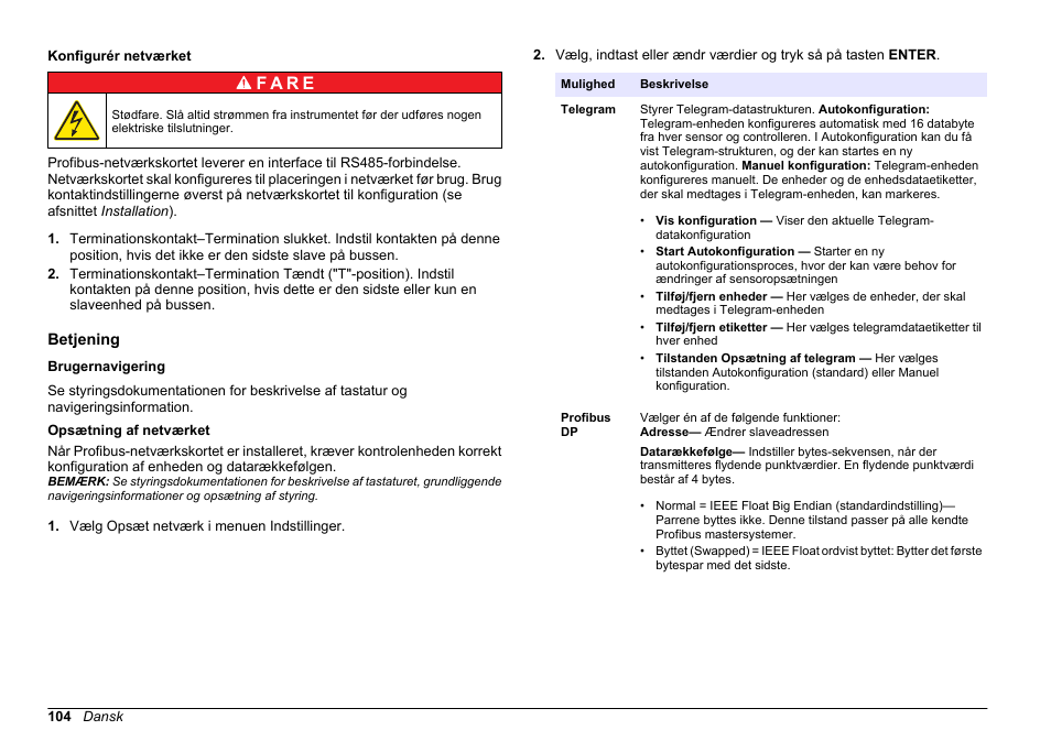 Konfigurér netværket, Betjening, Brugernavigering | Opsætning af netværket, F a r e | Hach-Lange SC 200 Profibus network card User Manual User Manual | Page 104 / 316