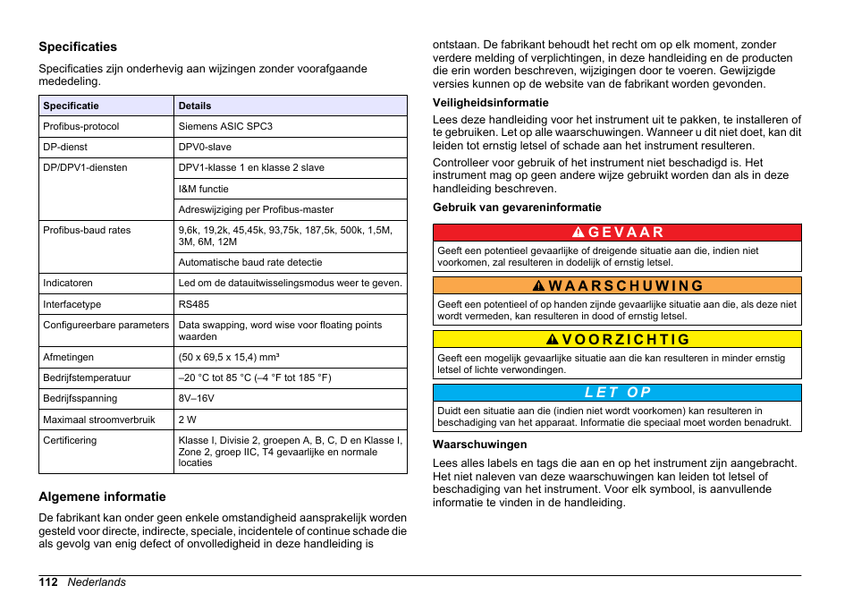 Gebruikershandleiding, Specificaties, Algemene informatie | Veiligheidsinformatie, Gebruik van gevareninformatie, Waarschuwingen, Nederlands | Hach-Lange SC 200 Profibus network card User Manual User Manual | Page 112 / 316