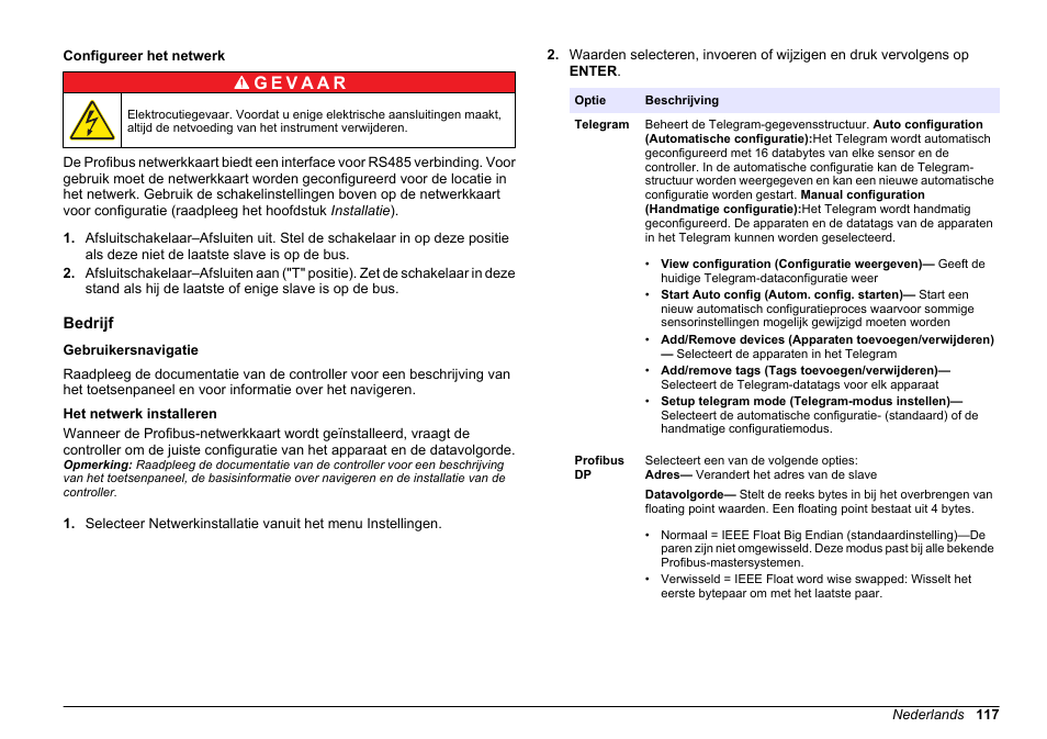 Configureer het netwerk, Bedrijf, Gebruikersnavigatie | Het netwerk installeren | Hach-Lange SC 200 Profibus network card User Manual User Manual | Page 117 / 316