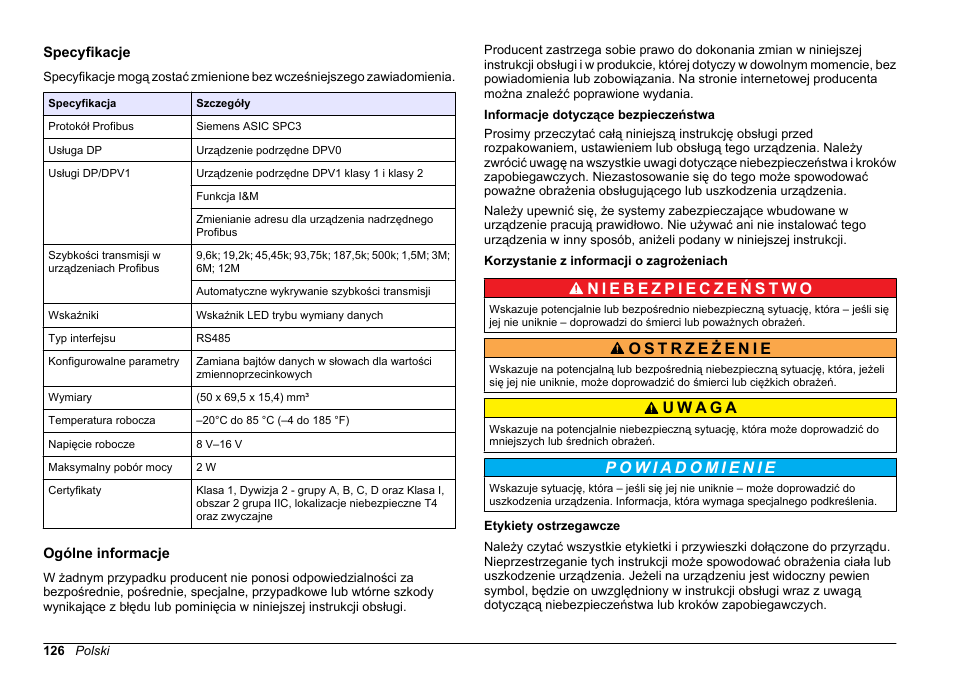 Instrukcja obsługi, Specyfikacje, Ogólne informacje | Informacje dotyczące bezpieczeństwa, Korzystanie z informacji o zagrożeniach, Etykiety ostrzegawcze, Polski | Hach-Lange SC 200 Profibus network card User Manual User Manual | Page 126 / 316