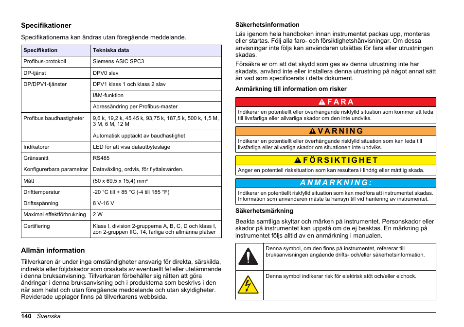 Bruksanvisning, Specifikationer, Allmän information | Säkerhetsinformation, Anmärkning till information om risker, Säkerhetsmärkning, Svenska, F a r a | Hach-Lange SC 200 Profibus network card User Manual User Manual | Page 140 / 316