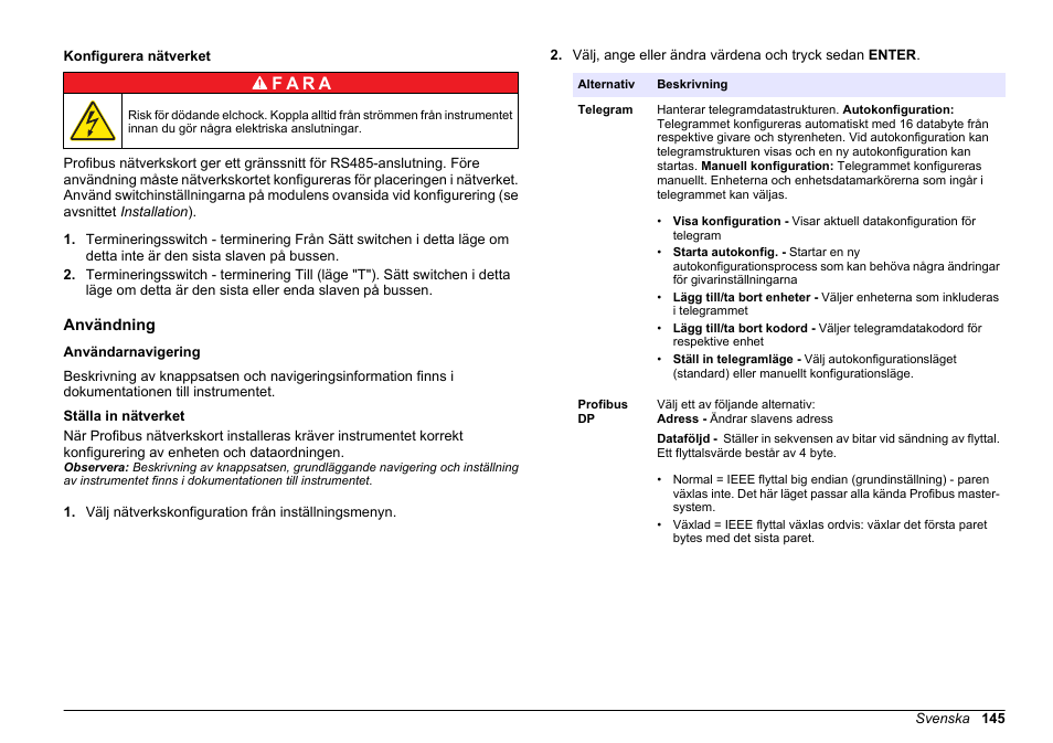 Konfigurera nätverket, Användning, Användarnavigering | Ställa in nätverket, F a r a | Hach-Lange SC 200 Profibus network card User Manual User Manual | Page 145 / 316