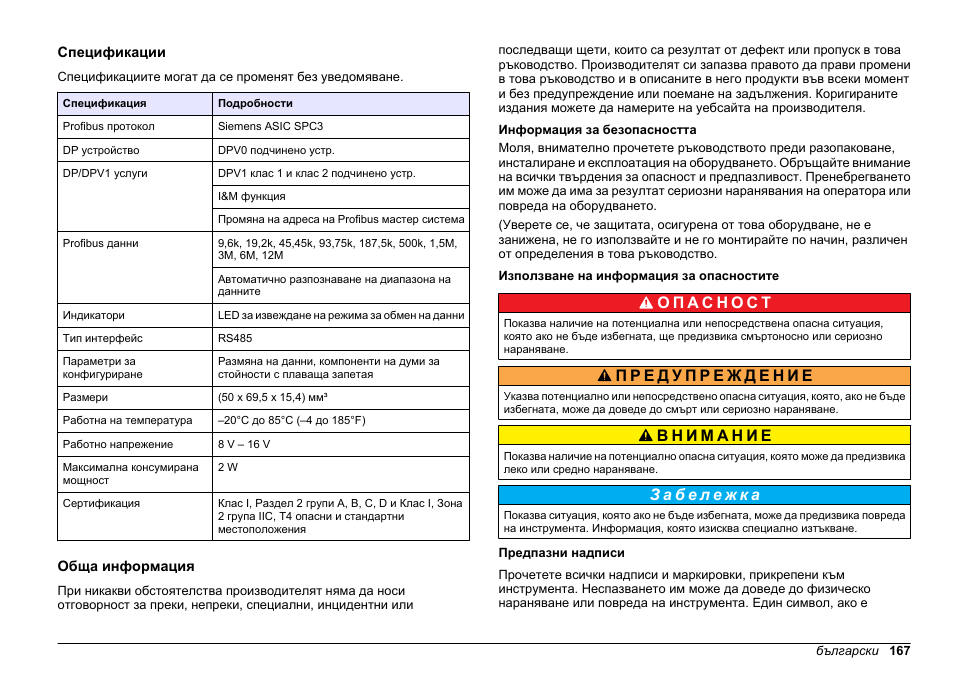 Ръководство на потребителя, Спецификации, Обща информация | Информация за безопасността, Използване на информация за опасностите, Предпазни надписи, Български | Hach-Lange SC 200 Profibus network card User Manual User Manual | Page 167 / 316