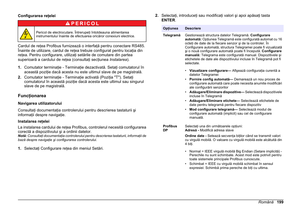Configurarea reţelei, Funcţionarea, Navigarea utilizatorului | Instalarea reţelei | Hach-Lange SC 200 Profibus network card User Manual User Manual | Page 199 / 316